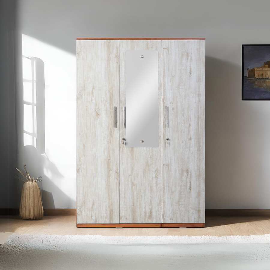 Stylaire 3 Door Wardrobe (Natural Teak & Russian White)